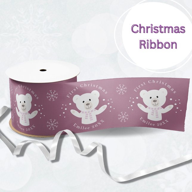 Baby Girls First Christmas Polar Bear Pink Satin Ribbon (Creator Uploaded)