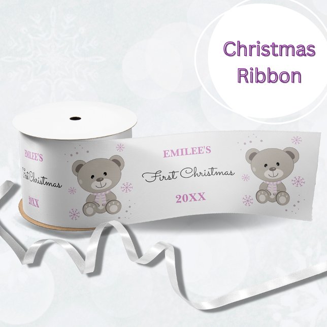 Baby Girls First Christmas Teddy Bear Pink Satin Ribbon (Creator Uploaded)