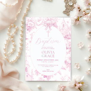 Baby Girls Pink Vintage Floral Toile Baptism Invitation