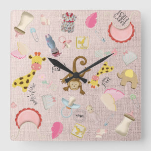 Baby Girl's Room Animal Toys Square Wall Clock
