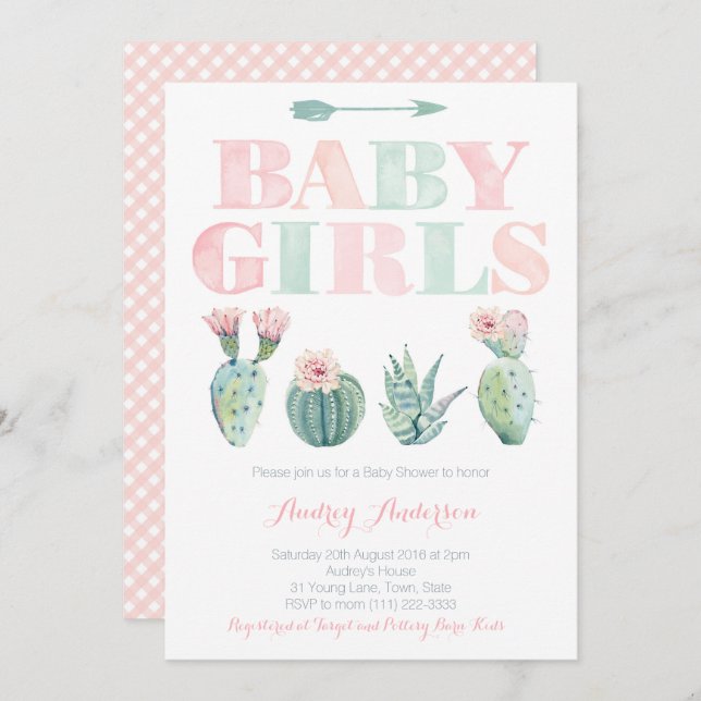Baby Girls Twins Shower or Sprinkle Cactus theme Invitation (Front/Back)