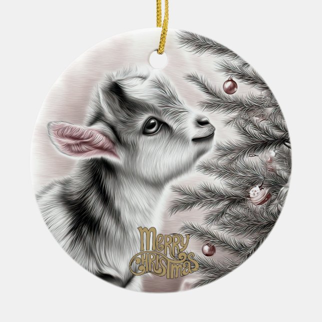 Baby Goat Christmas 19 and YOUR PHOTO Ceramic Tree Decoration (Front)