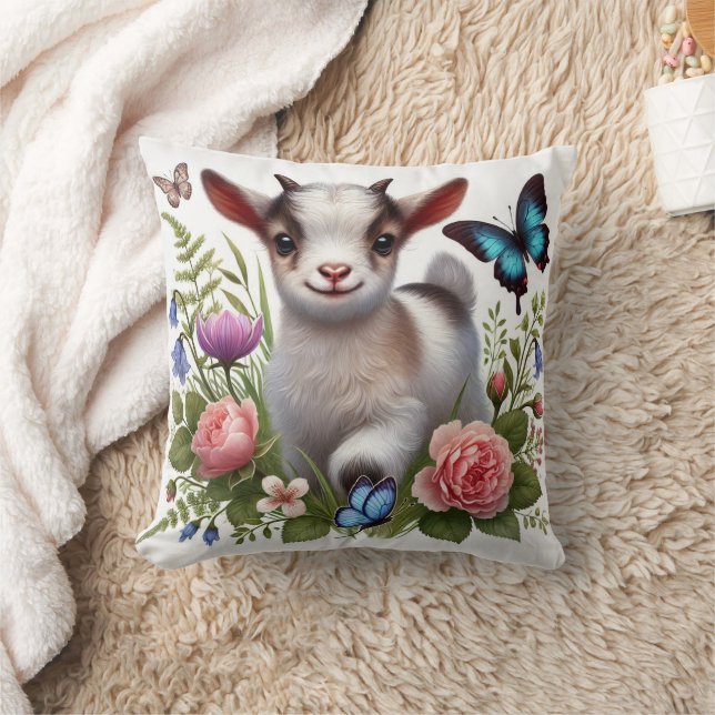 Baby Goat With Colourful Butterflies and Flowers Cushion (Blanket)