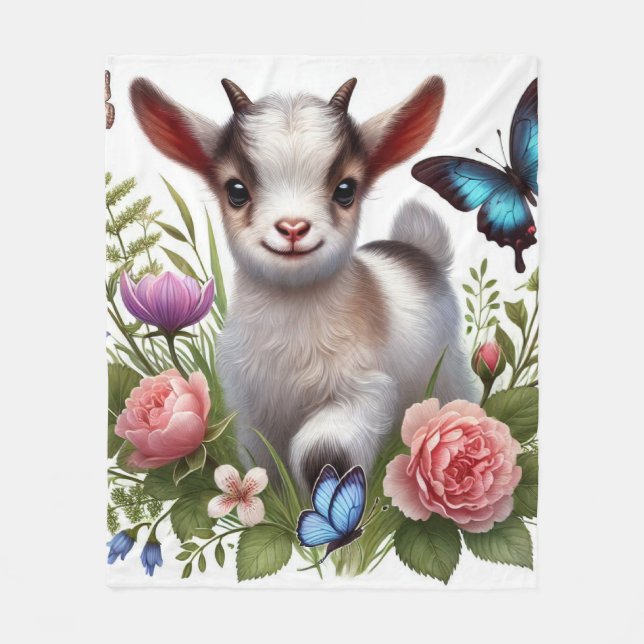 Baby Goat With Colourful Butterflies and Flowers Fleece Blanket (Front)