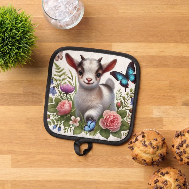 Baby Goat With Colourful Butterflies and Flowers Pot Holder (Top Down)