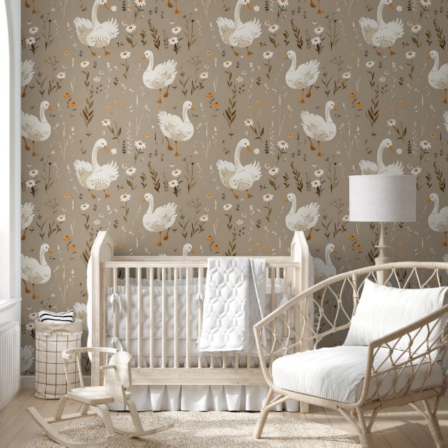 Baby Goose Taupe Nursery Wallpaper (Kids)