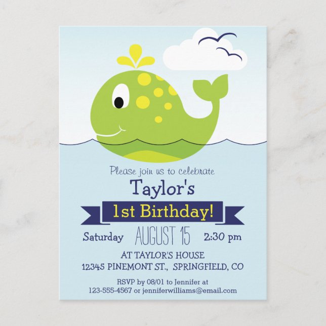 Baby Green Whale Kid's Birthday Party Invitation Postcard (Front)