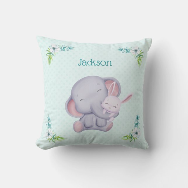 Baby Grey Elephant and Bunny Rabbit Throw Pillow (Front)