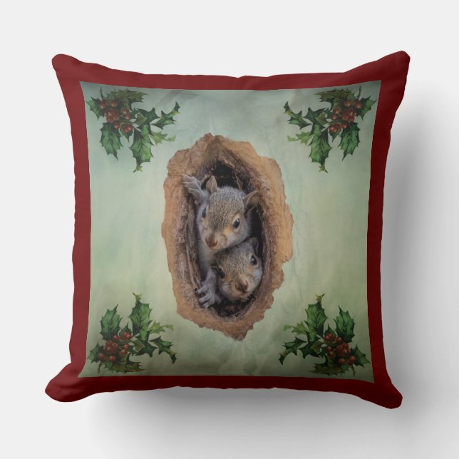 Baby Grey Squirrels Christmas Cushion (Front)