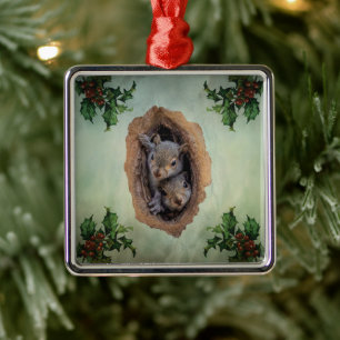 Baby Grey Squirrels Christmas Metal Tree Decoration