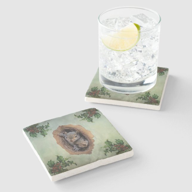 Baby Grey Squirrels Christmas Stone Coaster (Side)