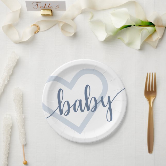 Baby Heart | Dusty Slate Blue Flourish Script Paper Plate (Wedding)