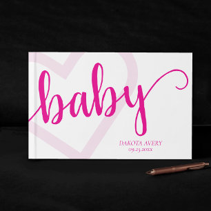 Baby Heart   Hot Pink Magenta Flourish Script Guest Book
