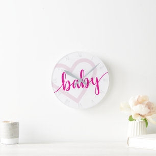 Baby Heart   Hot Pink Magenta Flourish Script Round Clock