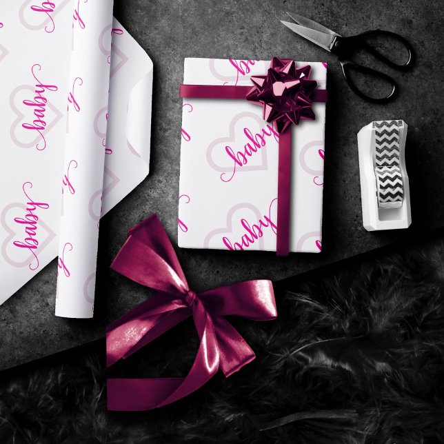 Baby Heart | Hot Pink Magenta Flourish Script Wrapping Paper (Creator Uploaded)