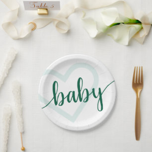 Baby Heart   Hunter Green Simple Flourish Script  Paper Plate