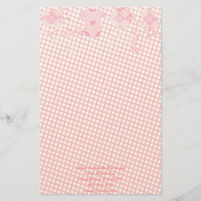 Baby Heart Rattle Argyle Onsie Pink Tiny Dots Stationery (Front)