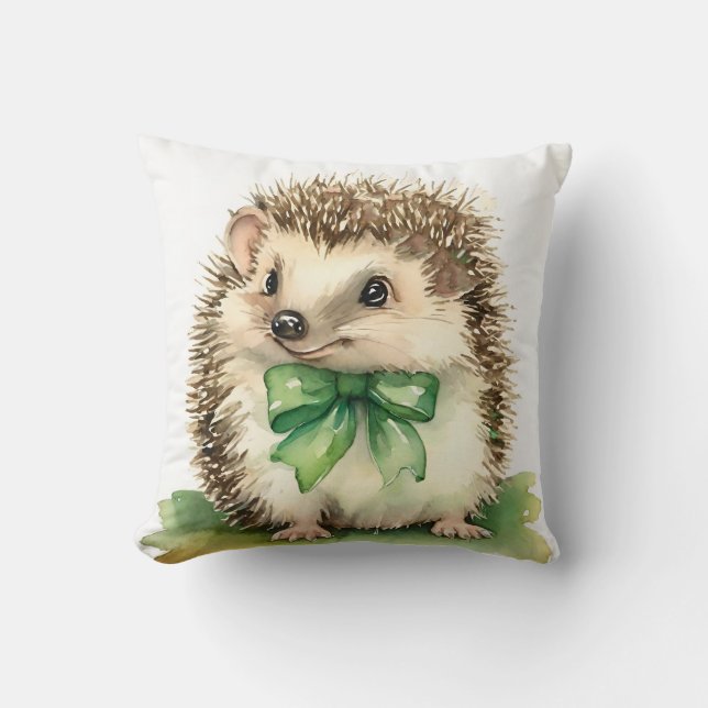 Baby Hedgehog Green Bow Gender Neutral Cushion (Front)