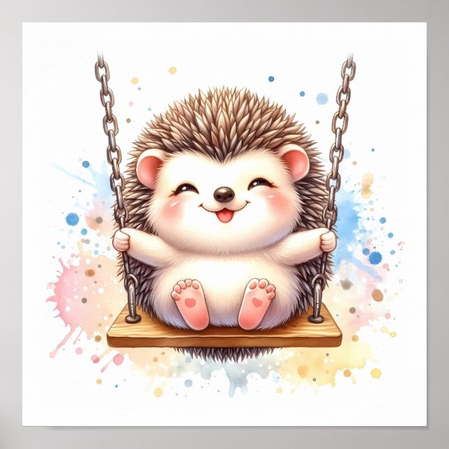 Baby Hedgehog Nursery Watercolor Woodland Animal Poster (Front)