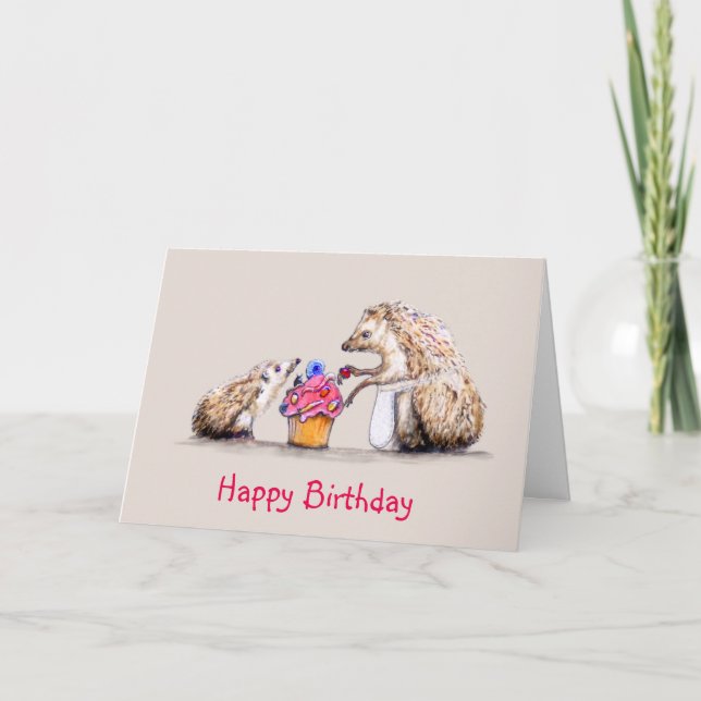Baby Hedgehog with beetle Birthday cake Card (Front)