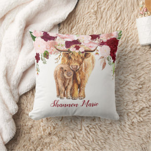 Baby Highland Cow Calf Burgundy Pink Rose Baby  Cushion