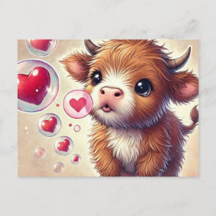 Baby Highland Cow Valentine with Bubbles Postcard