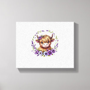 Baby Highland Cow With Purple Flowers Scottish Far Canvas Print