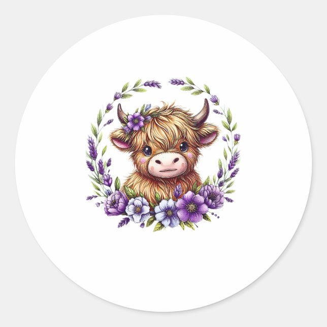 Baby Highland Cow With Purple Flowers Scottish Far Classic Round Sticker (Front)