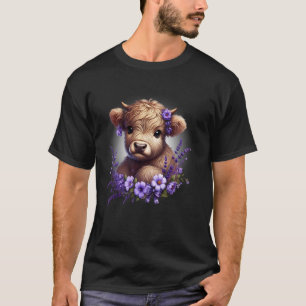 Baby Highland Cow With Purple Flowers Scottish Far T-Shirt