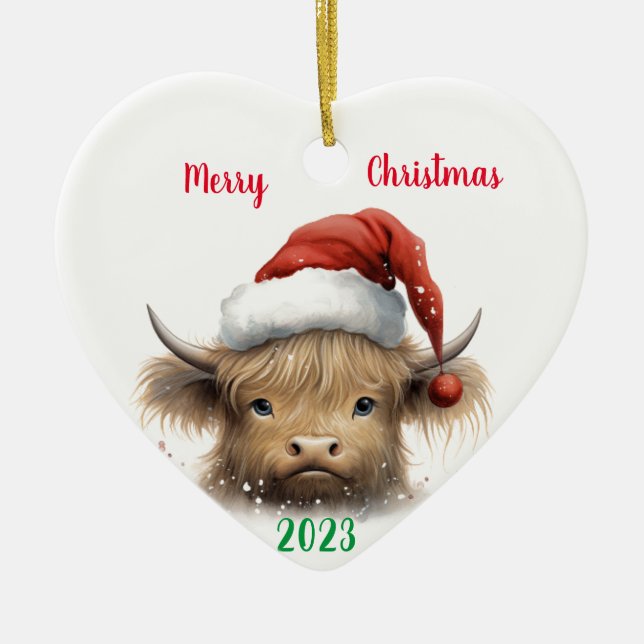 Baby Highland Cow with Santa hat Ceramic Tree Decoration (Front)