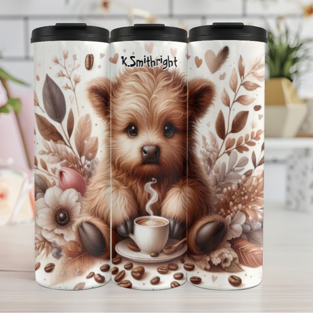 Baby Highland Cow with Steaming Coffee Thermal Tumbler (Creator Uploaded)