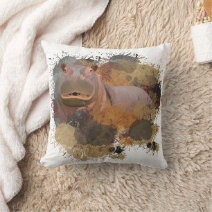 Baby Hippo Abstract Paint Splatter Wildlife Cushion