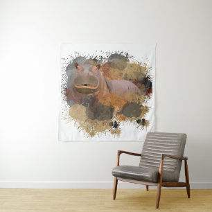 Baby Hippo Abstract Paint Splatter Wildlife Tapestry