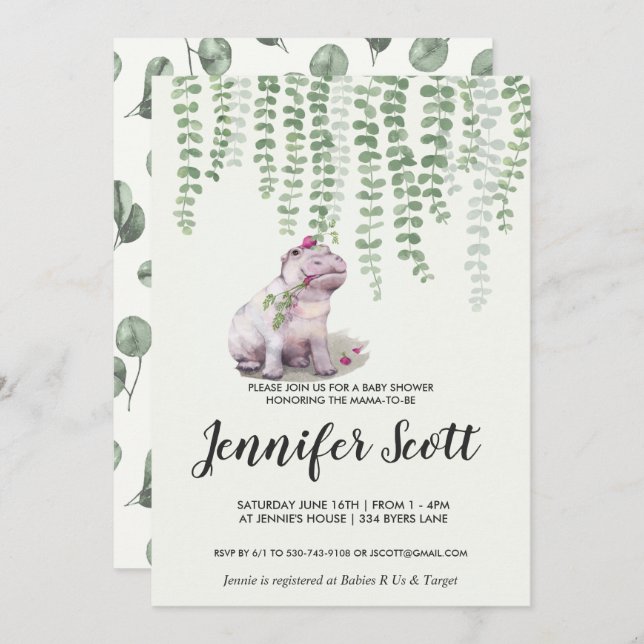 Baby Hippo Jungle Baby Shower Invitation (Front/Back)