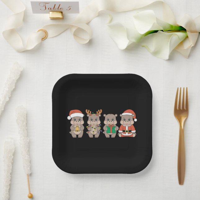 Baby Hippo Moo Deng Christmas Paper Plate (Wedding)