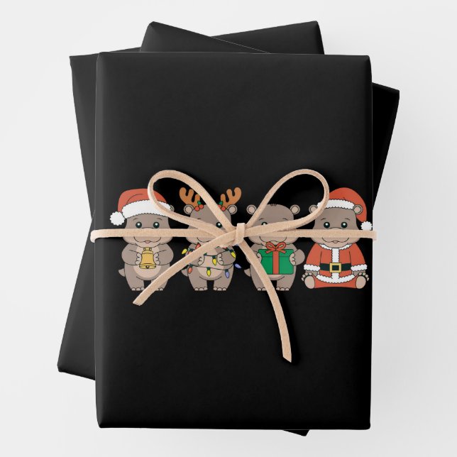 Baby Hippo Moo Deng Christmas Wrapping Paper Sheet (In situ)