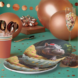 Baby Hippo Zena In A Big Basket, Paper Plate
