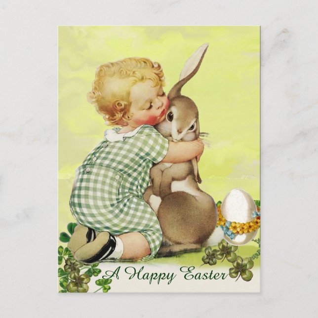 BABY HUGGING EASTER BUNNY HOLIDAY POSTCARD (Front)