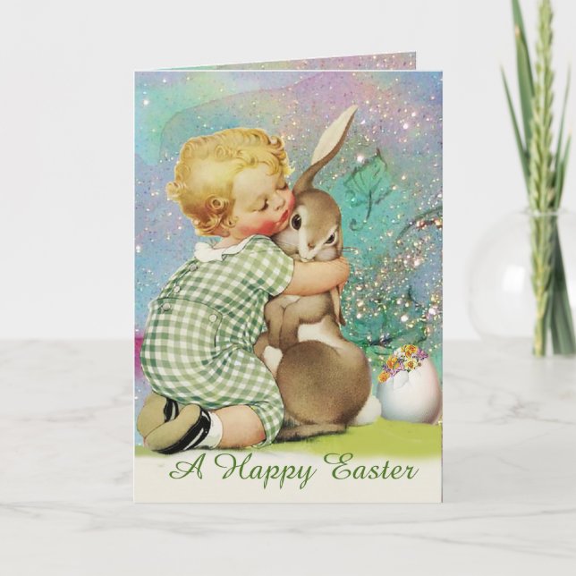 BABY HUGGING EASTER BUNNY IN BLUE SPARKLES HOLIDAY CARD (Front)