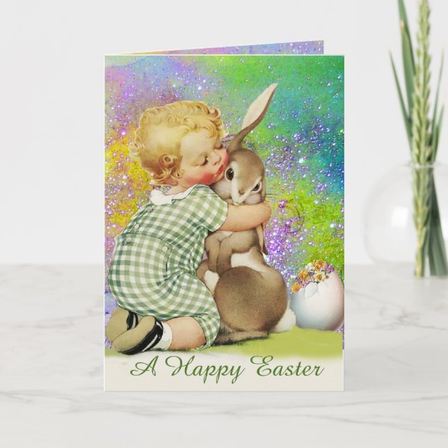 BABY HUGGING EASTER BUNNY IN PURPLE GREEN SPARKLES HOLIDAY CARD (Front)