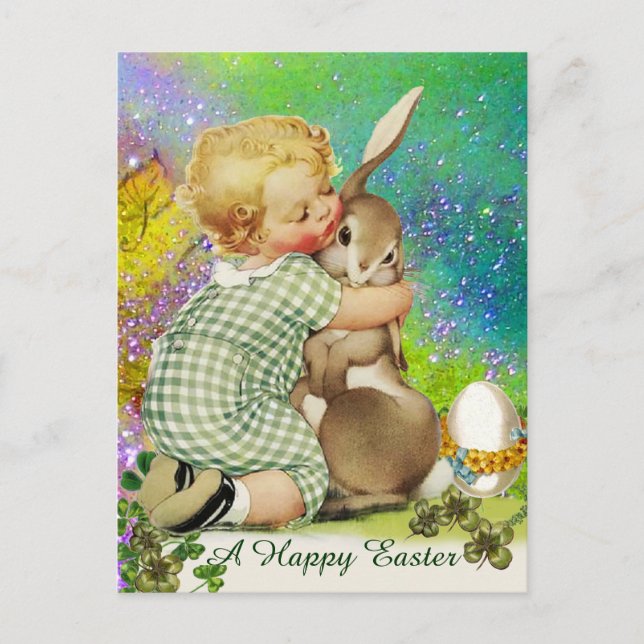BABY HUGGING EASTER BUNNY IN PURPLE GREEN SPARKLES HOLIDAY POSTCARD (Front)
