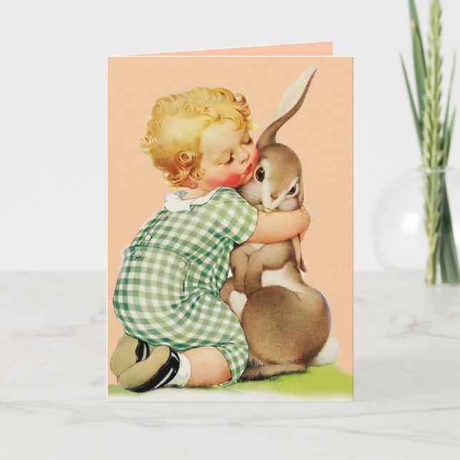 BABY HUGGING EASTER BUNNY ,Pink Holiday Card (Front)