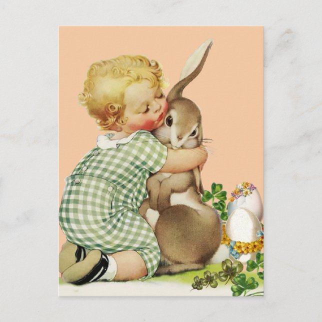 BABY HUGGING EASTER BUNNY,Pink Holiday Postcard (Front)