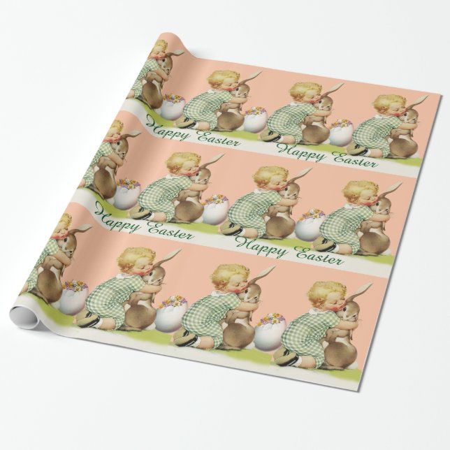 BABY HUGGING EASTER BUNNY ,Pink Wrapping Paper (Unrolled)