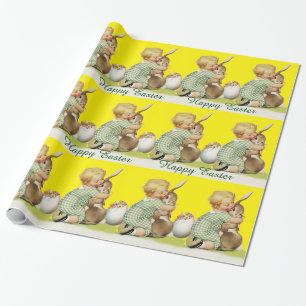 BABY HUGGING EASTER BUNNY ,Yellow Wrapping Paper
