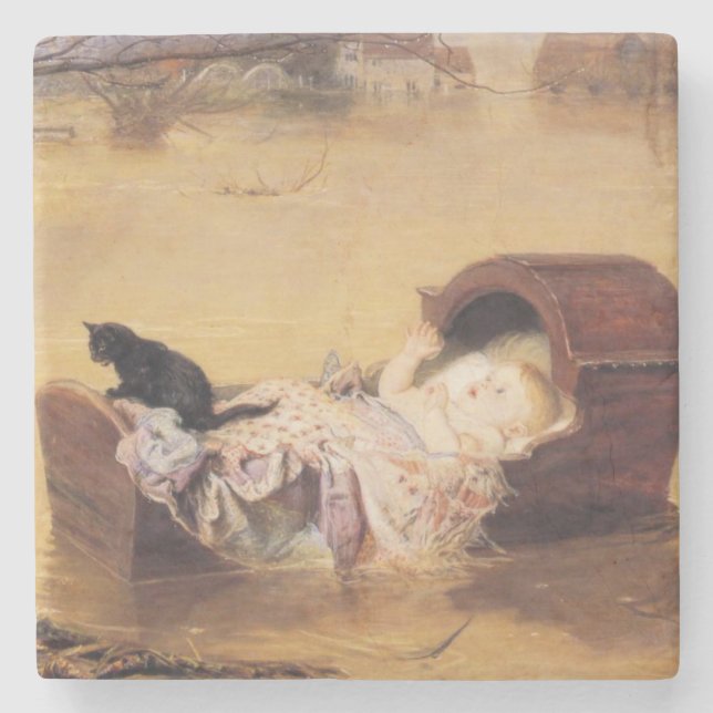 Baby in a Cot During a Flood (by J.E. Millais) Stone Coaster (Front)