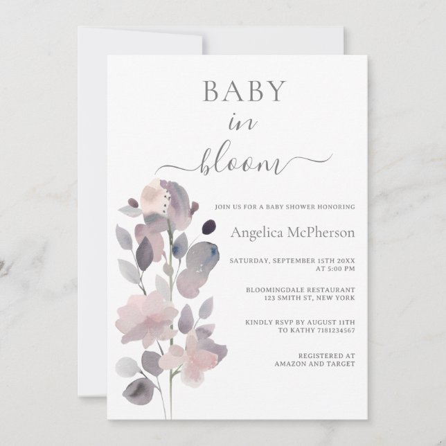 BABY IN BLOOM ASH PINK PASTEL PURPLE BLUSH FLORAL  INVITATION (Front)