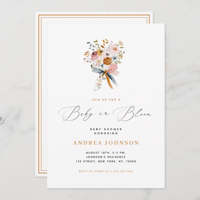 Baby In Bloom Autumn Floral with a Bow Baby Shower Invitation (Front/Back)