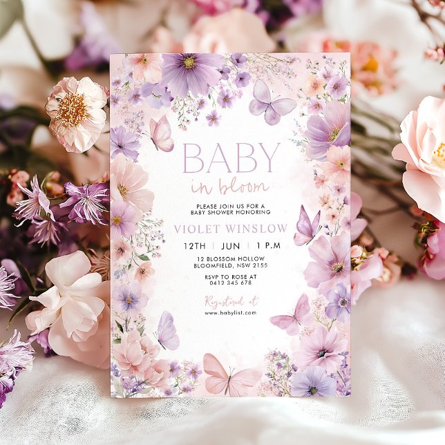 Baby in Bloom Baby Shower Butterfly Floral Purple  Invitation (Pink Purple Baby in Bloom Baby Shower Invitation with flowers and butterflies)