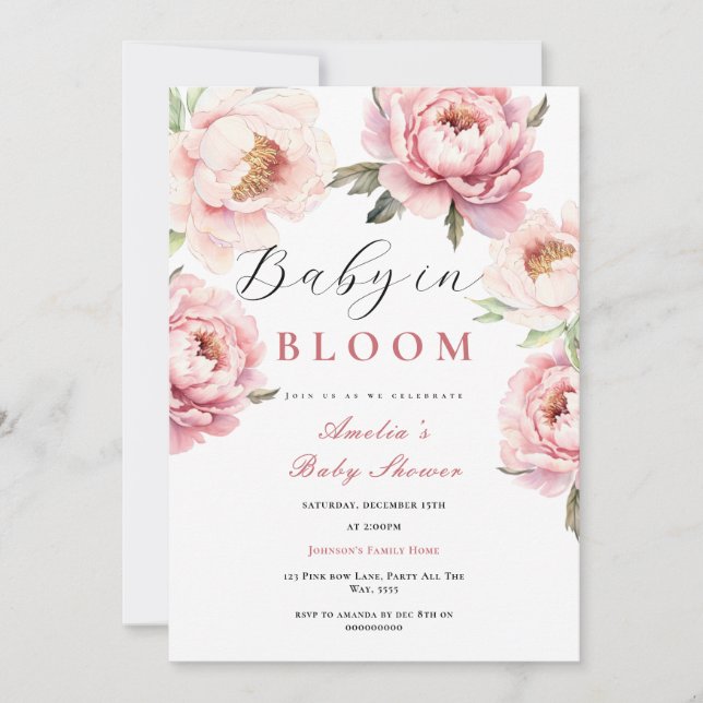 Baby in Bloom Baby Shower Elegant Pink Peonies Invitation (Front)